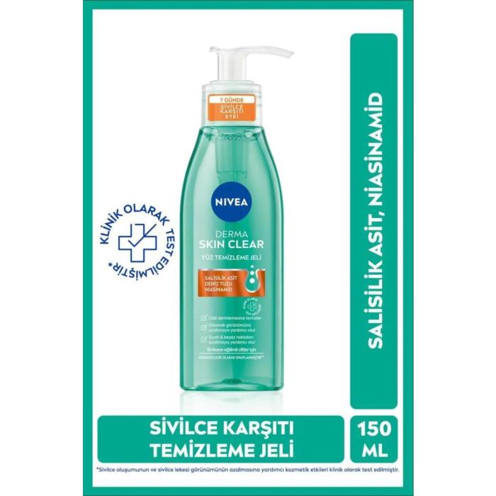 NIVEA Derma Skin Clear Sivilce Karşıtı Yüz Temizleme Jeli 150ml, Gözenek Arındırıcı, Yağlı ve Karma Cilt